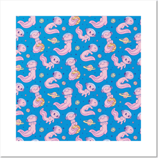 Kawaii Axolotl Space Pattern Posters and Art